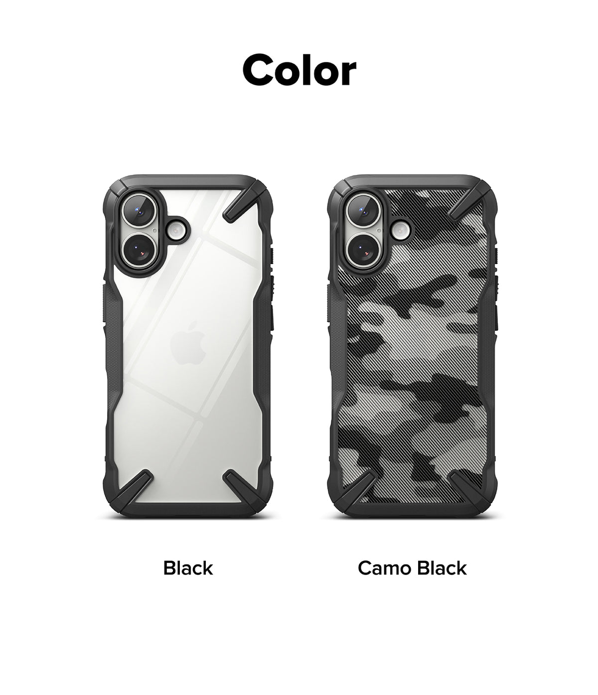 iPhone 17 Case | Fusion-X - Two Fusion-X phone cases shown in clear black and camo black patterns against a white background.