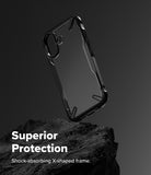 iPhone 17 Case | Fusion-X - Black protective phone case with X-shaped frame balanced on a dark, textured rock.