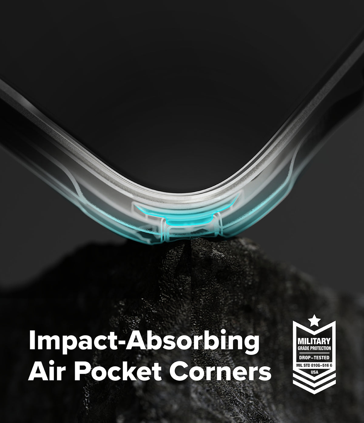 iPhone 17 Case | Fusion-X - Close-up of a phone corner with glowing blue air pockets resting on a rock, highlighting impact protection.