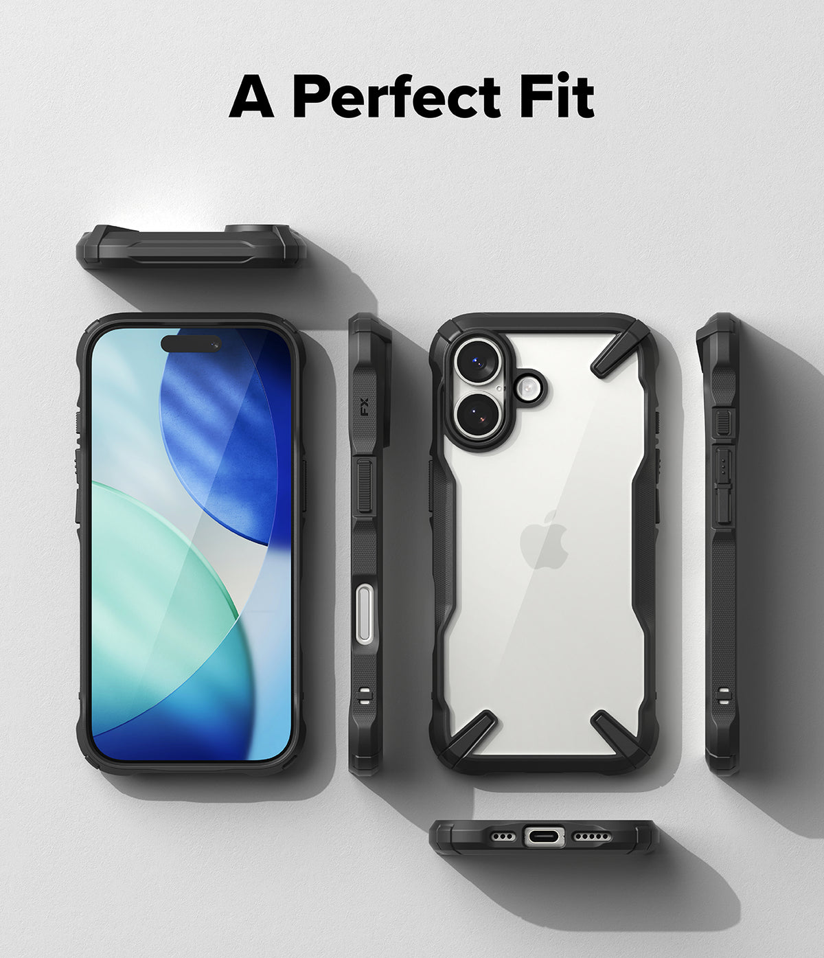 iPhone 17 Case | Fusion-X - Multiple views of a black rugged phone case with a clear back panel on a light gray background.