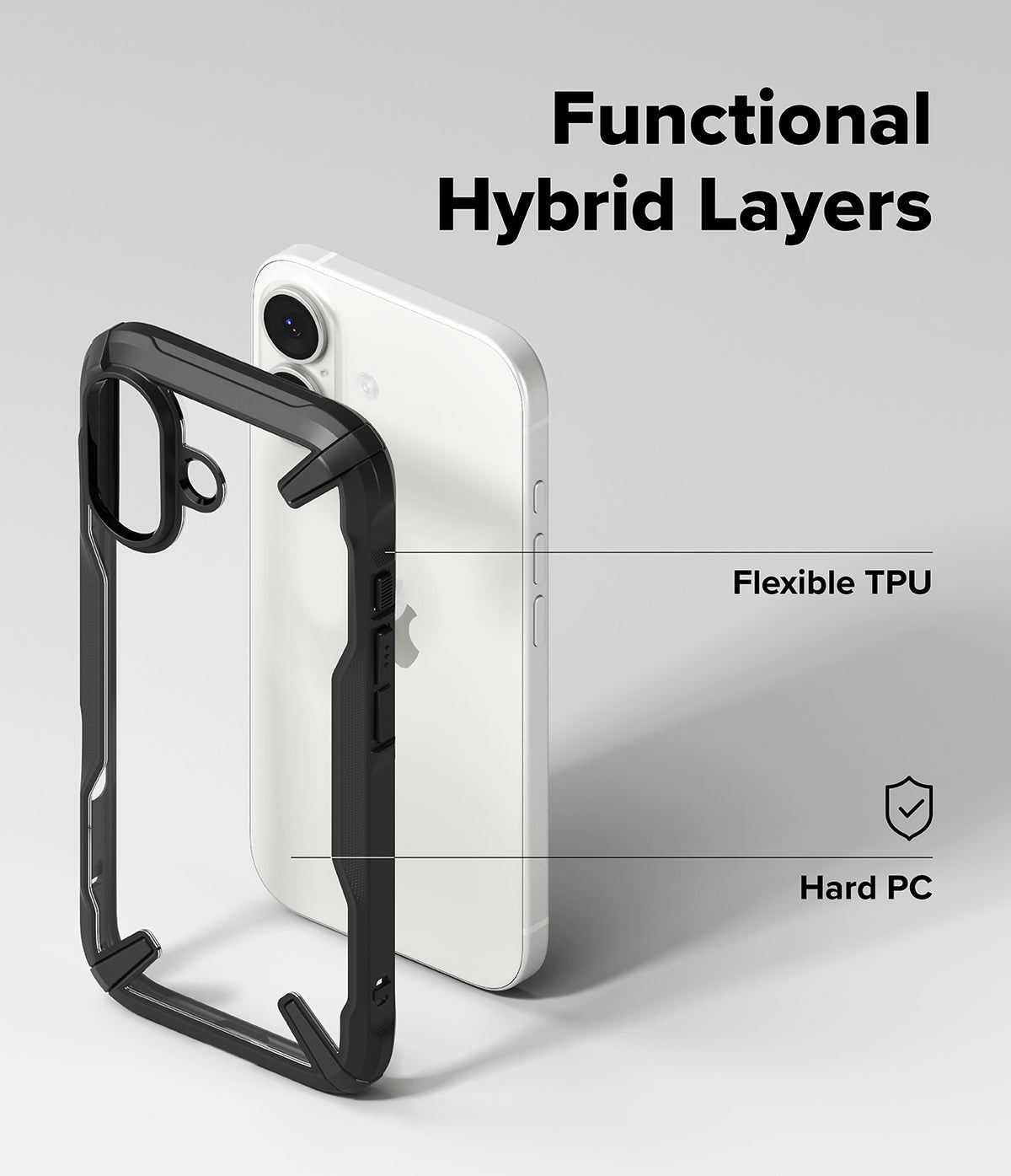 iPhone 17 Case | Fusion-X - Exploded view of a black hybrid phone case showing flexible TPU and hard PC layers on a white iPhone.