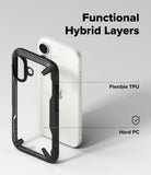 iPhone 17 Case | Fusion-X - Exploded view of a black hybrid phone case showing flexible TPU and hard PC layers on a white iPhone.