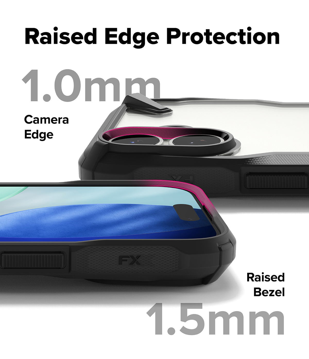 iPhone 17 Case | Fusion-X - Close-up of phone case showing 1.0mm raised camera edge and 1.5mm raised screen bezel protection.