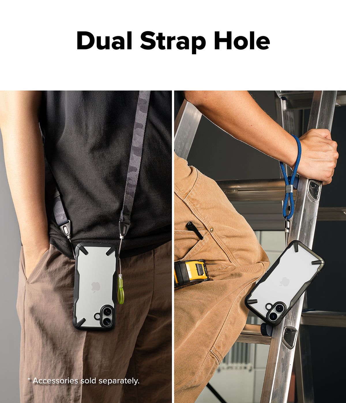 iPhone 17 Case | Fusion-X - Two views of a phone case with dual strap holes attached to a neck lanyard and a wrist strap.