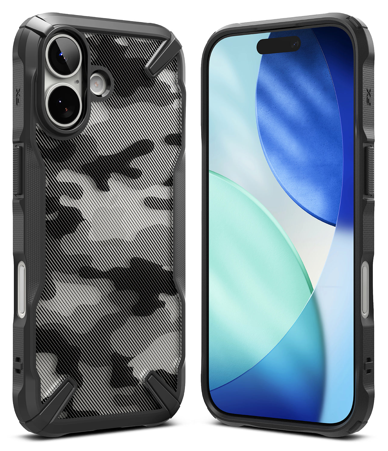 iPhone 17 Case | Fusion-X - Black rugged phone case with a camo-patterned back and a front view of the phone screen.