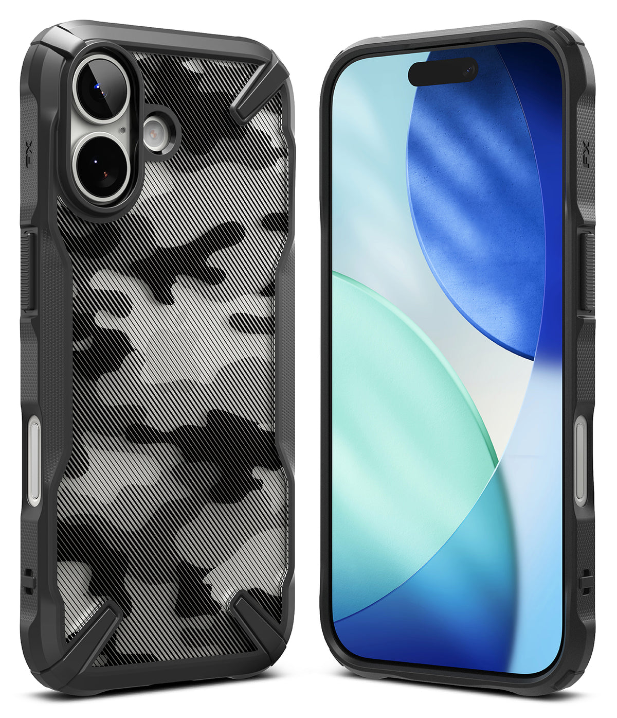 iPhone 17 Case | Fusion-X - Black rugged phone case with a camo-patterned back and a front view of the phone screen.