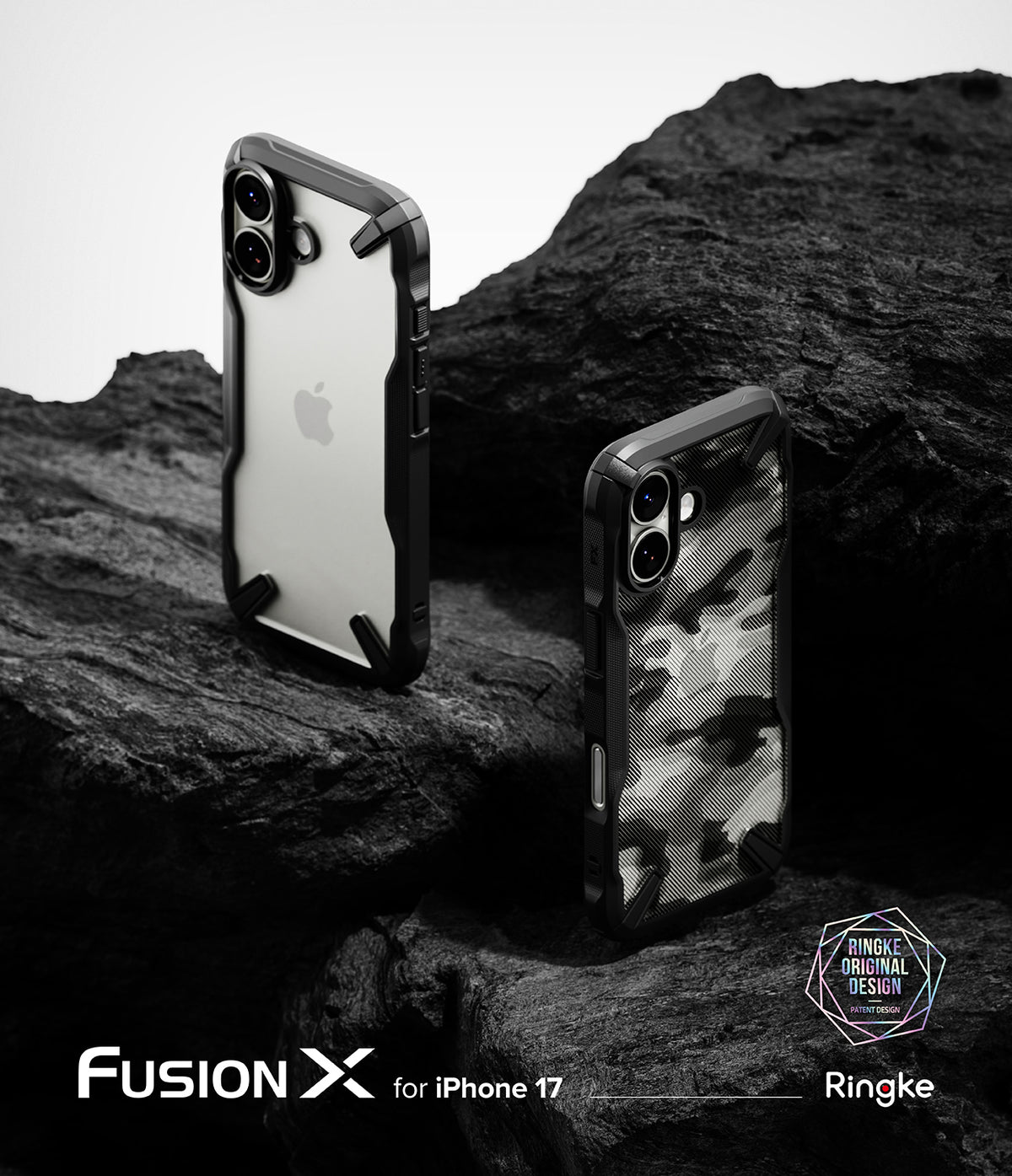 iPhone 17 Case | Fusion-X - Two iPhone 17 cases, one clear and one camo, displayed on dark, rugged volcanic rock.