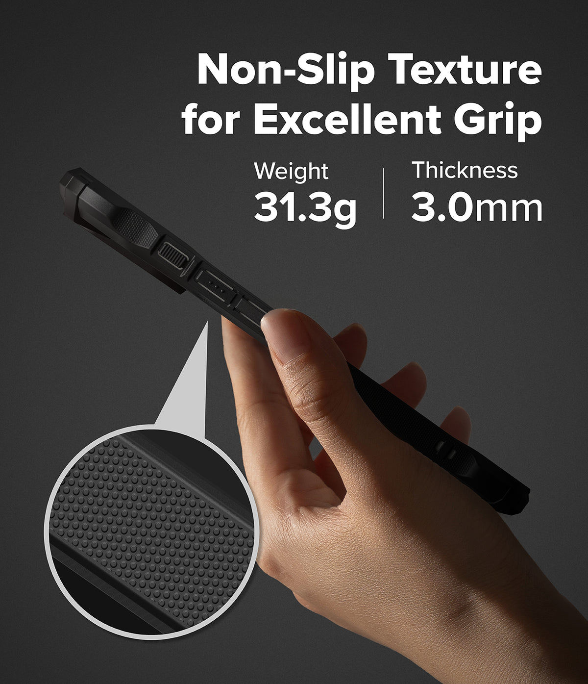iPhone 17 Case | Fusion-X - Hand holding black phone case with non-slip texture, 31.3g weight, and 3.0mm thickness.