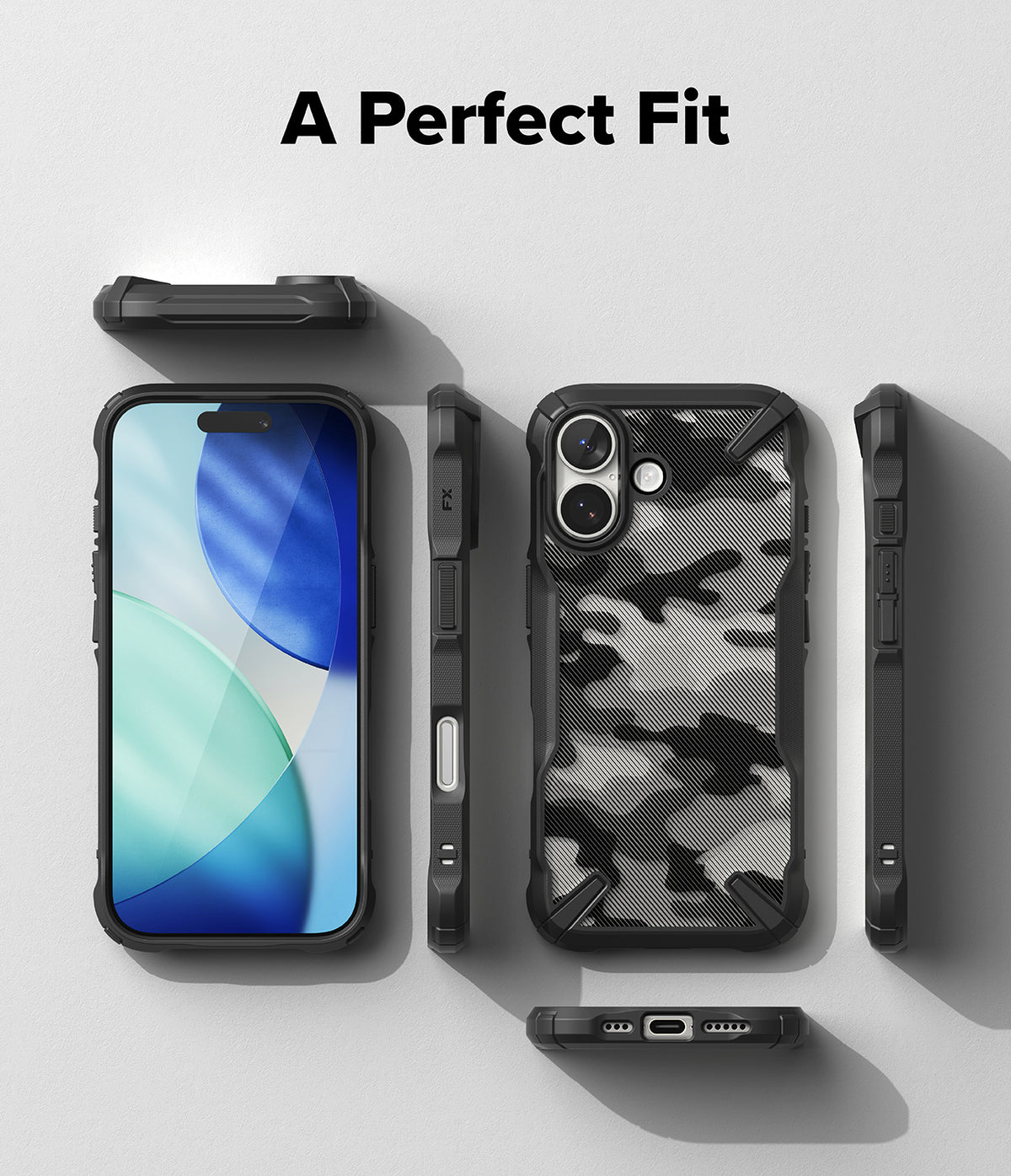 iPhone 17 Case | Fusion-X - Black camouflage phone case shown from front, back, and side angles with a textured, rugged design.