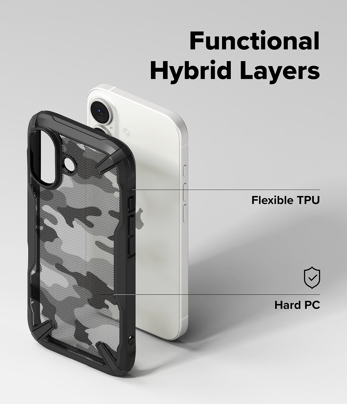 iPhone 17 Case | Fusion-X - Exploded view of a phone case showing flexible TPU frame and hard PC back panel layers.