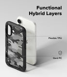 iPhone 17 Case | Fusion-X - Exploded view of a phone case showing flexible TPU frame and hard PC back panel layers.