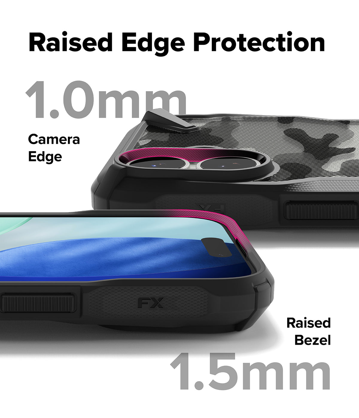 iPhone 17 Case | Fusion-X - Close-up of phone case showing 1.0mm camera edge and 1.5mm screen bezel protection.