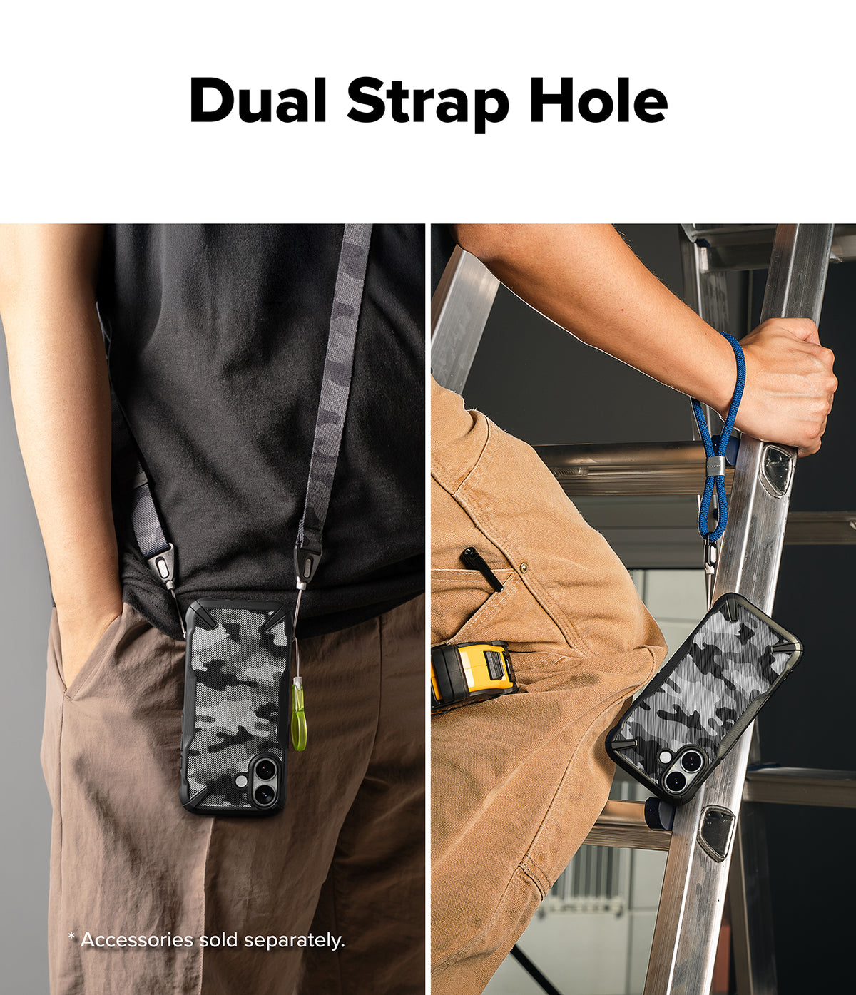 iPhone 17 Case | Fusion-X - Camo phone case shown with a long neck strap and a short wrist strap attached to dual holes.