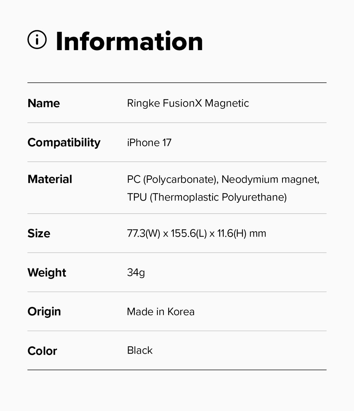 iPhone 17 Case | Fusion-X Magnetic - Information table listing product name, compatibility, material, size, weight, origin, and color.