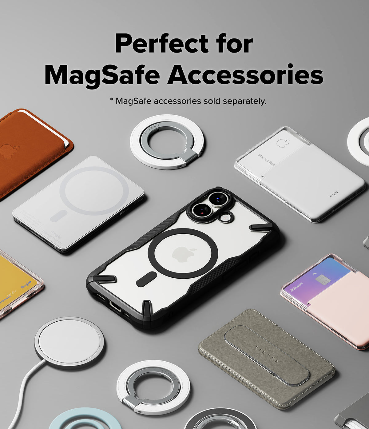 iPhone 17 Case | Fusion-X Magnetic - iPhone 17 case surrounded by various MagSafe accessories like wallets, chargers, and ring holders.