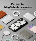 iPhone 17 Case | Fusion-X Magnetic - iPhone 17 case surrounded by various MagSafe accessories like wallets, chargers, and ring holders.
