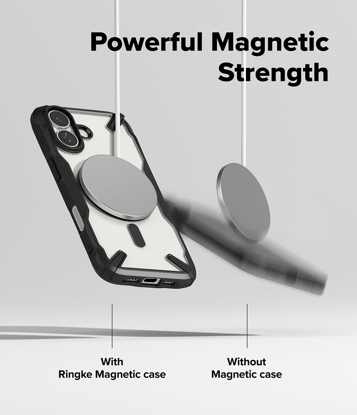 [Bundle] iPhone 17 | Fusion-X Magnetic - A magnetic case holding a metal disc while a phone without a case falls away from another disc.