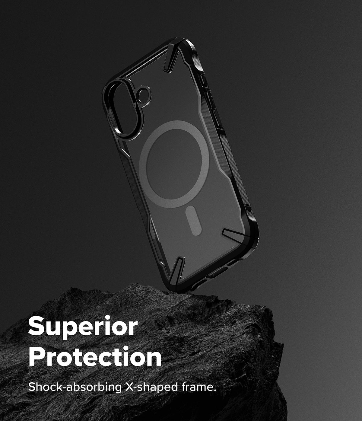 [Bundle] iPhone 17 | Fusion-X Magnetic - Black magnetic phone case with X-shaped frame hovering above a dark rock.