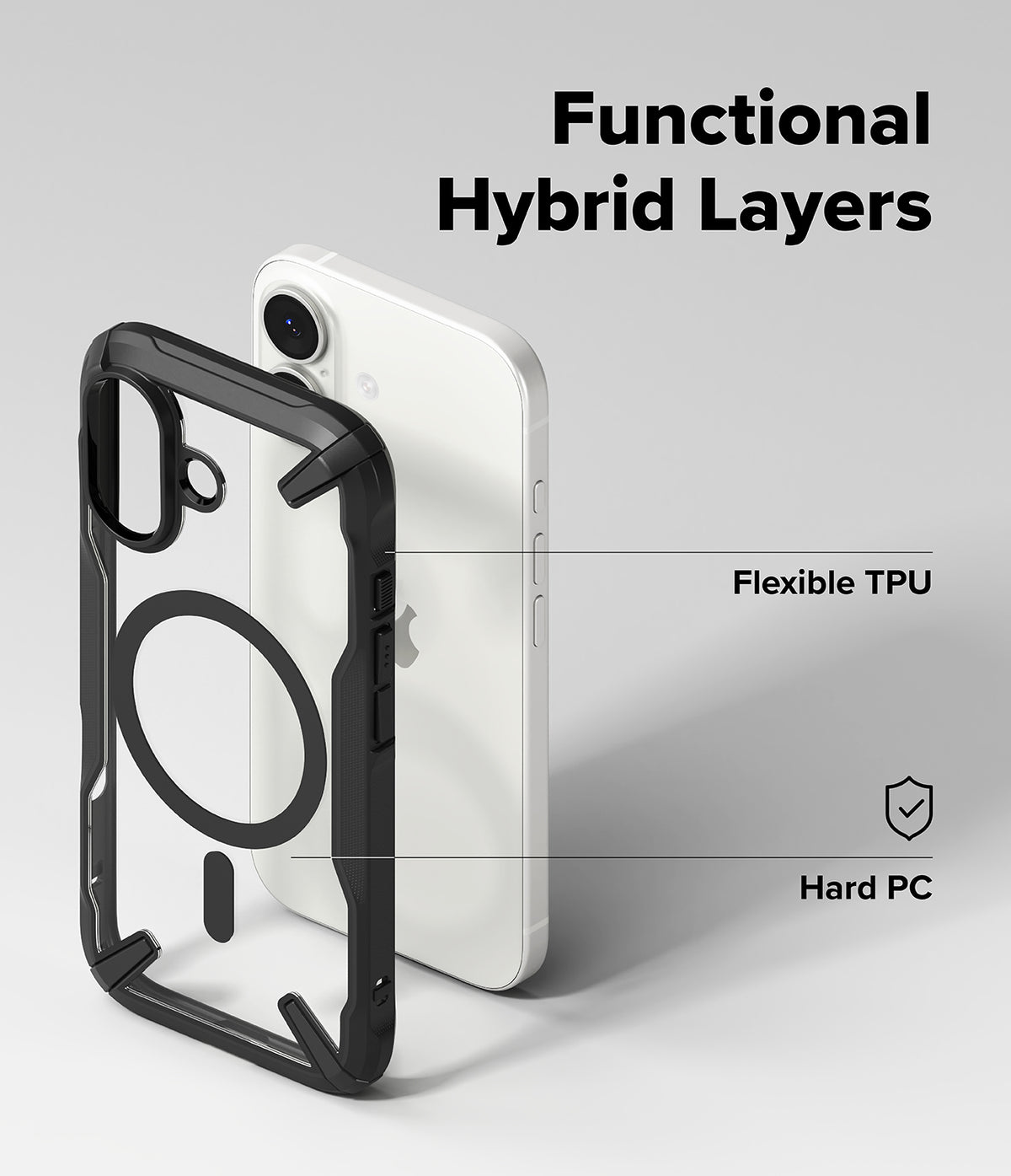 iPhone 17 Case | Fusion-X Magnetic - Exploded view of a black hybrid phone case with TPU and PC layers next to an iPhone.