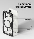 iPhone 17 Case | Fusion-X Magnetic - Exploded view of a black hybrid phone case with TPU and PC layers next to an iPhone.