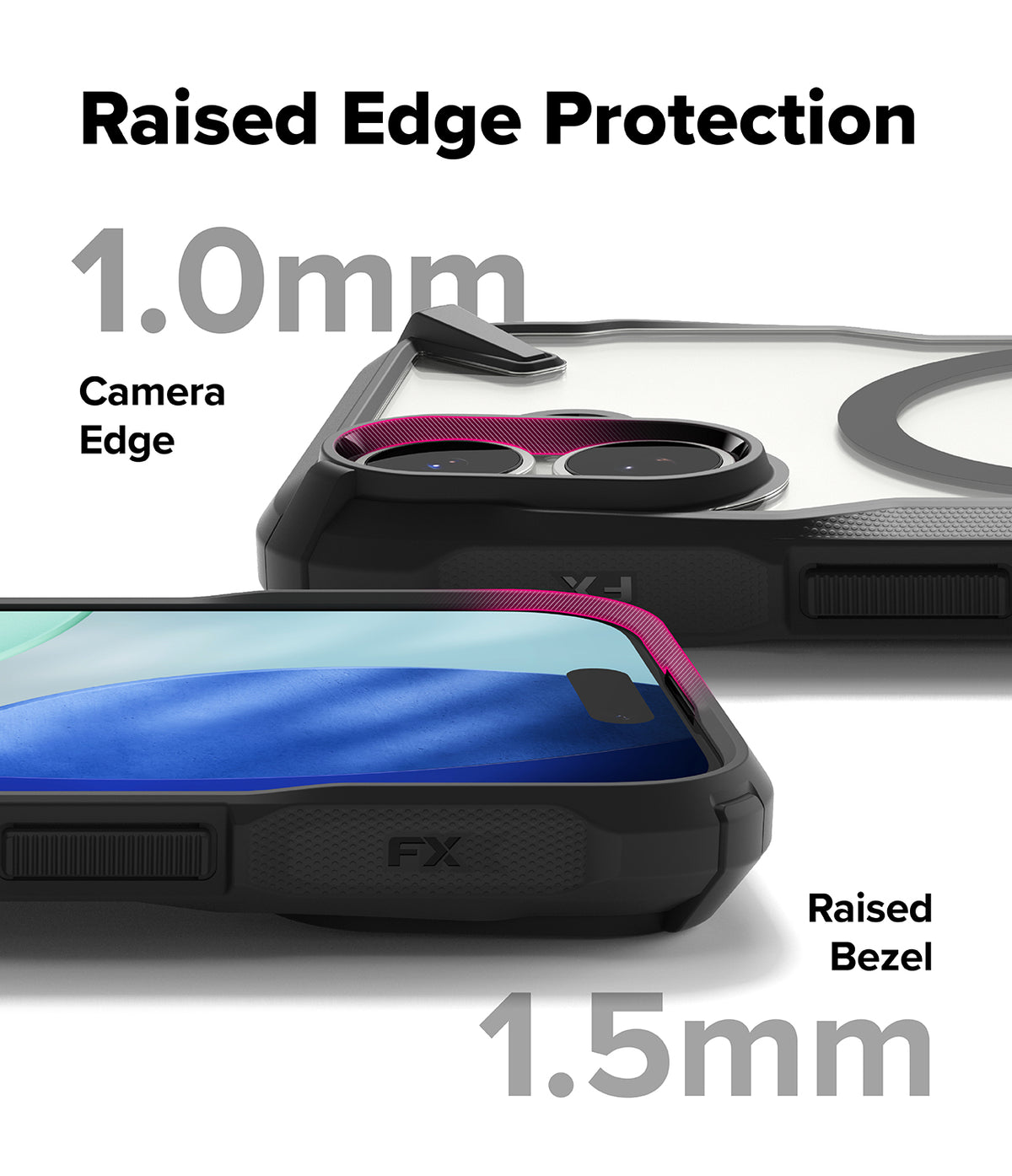 iPhone 17 Case | Fusion-X Magnetic - Close-up of phone case showing 1.0mm camera edge and 1.5mm screen bezel protection.