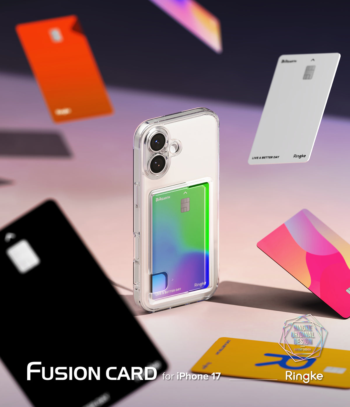 iPhone 17 Case | Fusion Card - Clear phone case holding a gradient card, surrounded by floating colorful credit cards.