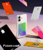 iPhone 17 Case | Fusion Card - Clear phone case holding a gradient card, surrounded by floating colorful credit cards.