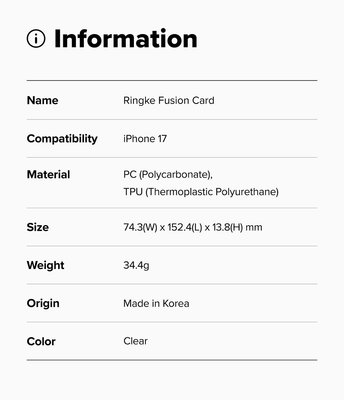 iPhone 17 Case | Fusion Card - Information table listing product name, compatibility, material, size, weight, origin, and color.