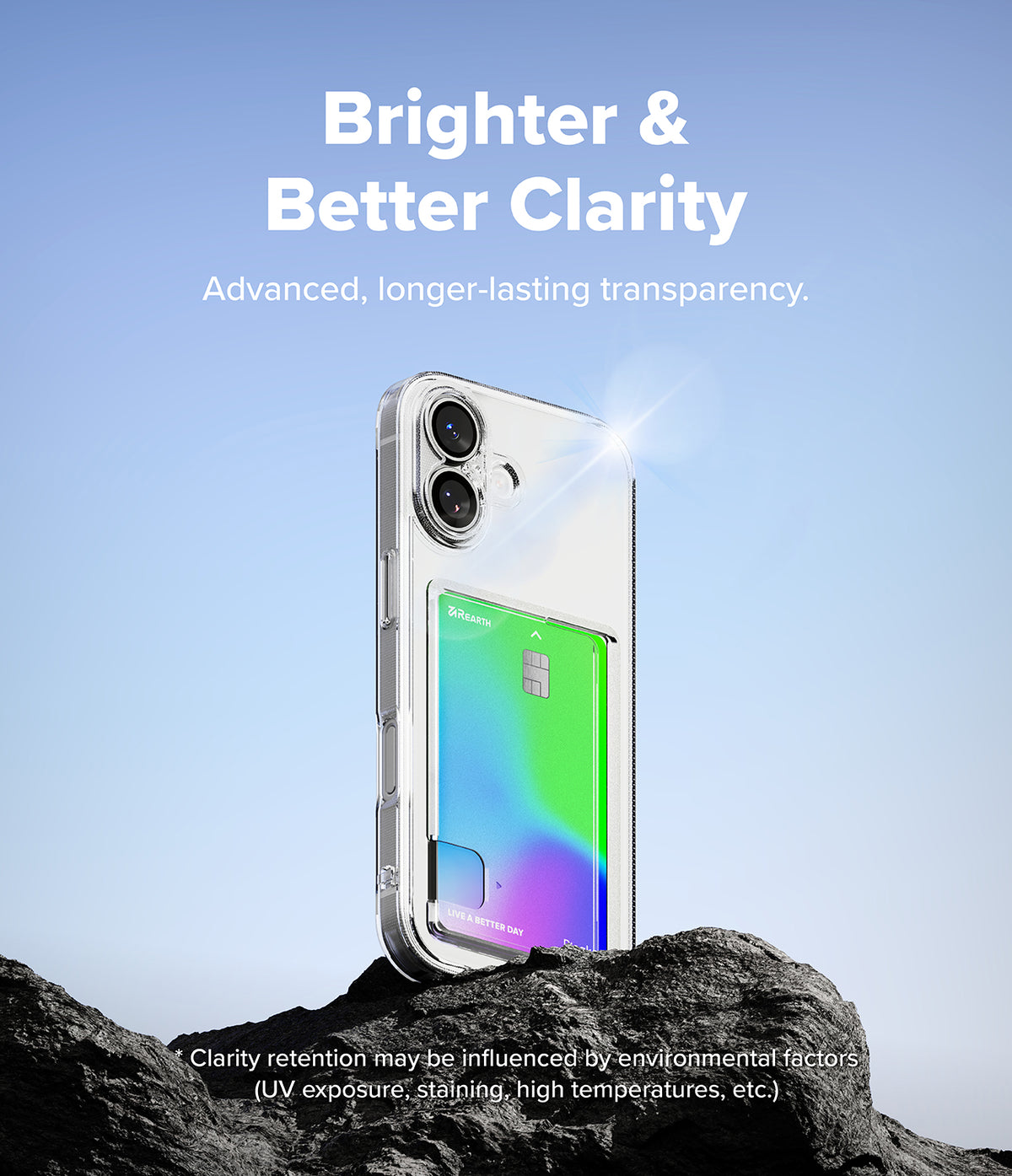 iPhone 17 Case | Fusion Card - Clear phone case with a card holder on a rock against a blue sky background.