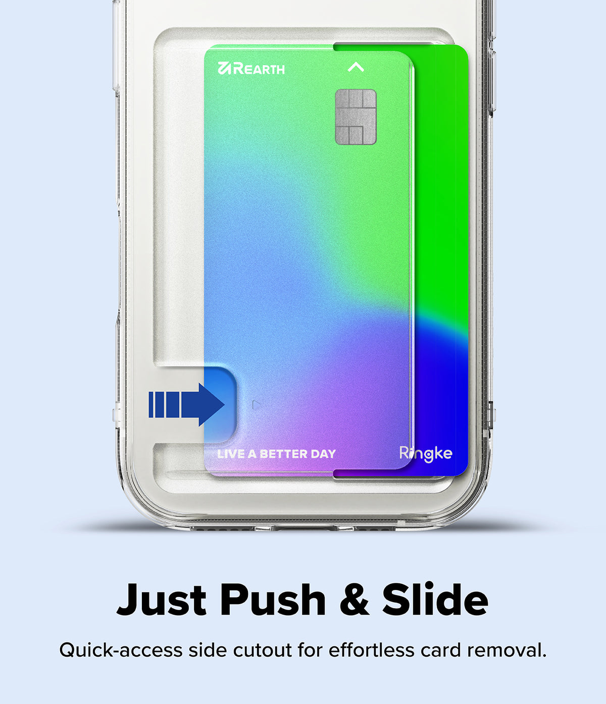 iPhone 17 Case | Fusion Card - Clear phone case with a gradient card in a side-access slot and a blue arrow indicating push-to-slide motion.