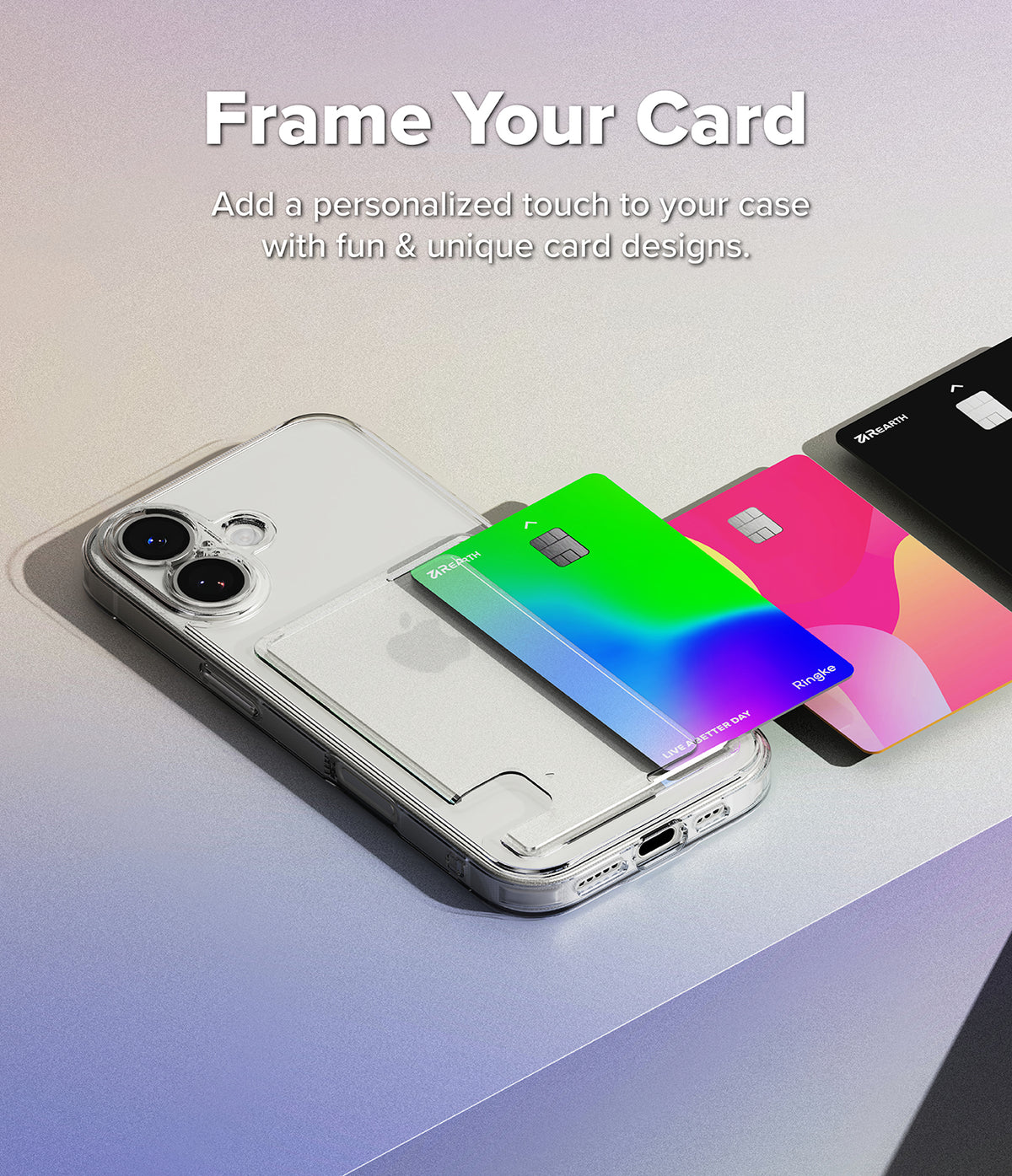 iPhone 17 Case | Fusion Card - Clear phone case with a card slot holding a colorful card, with two additional cards nearby.