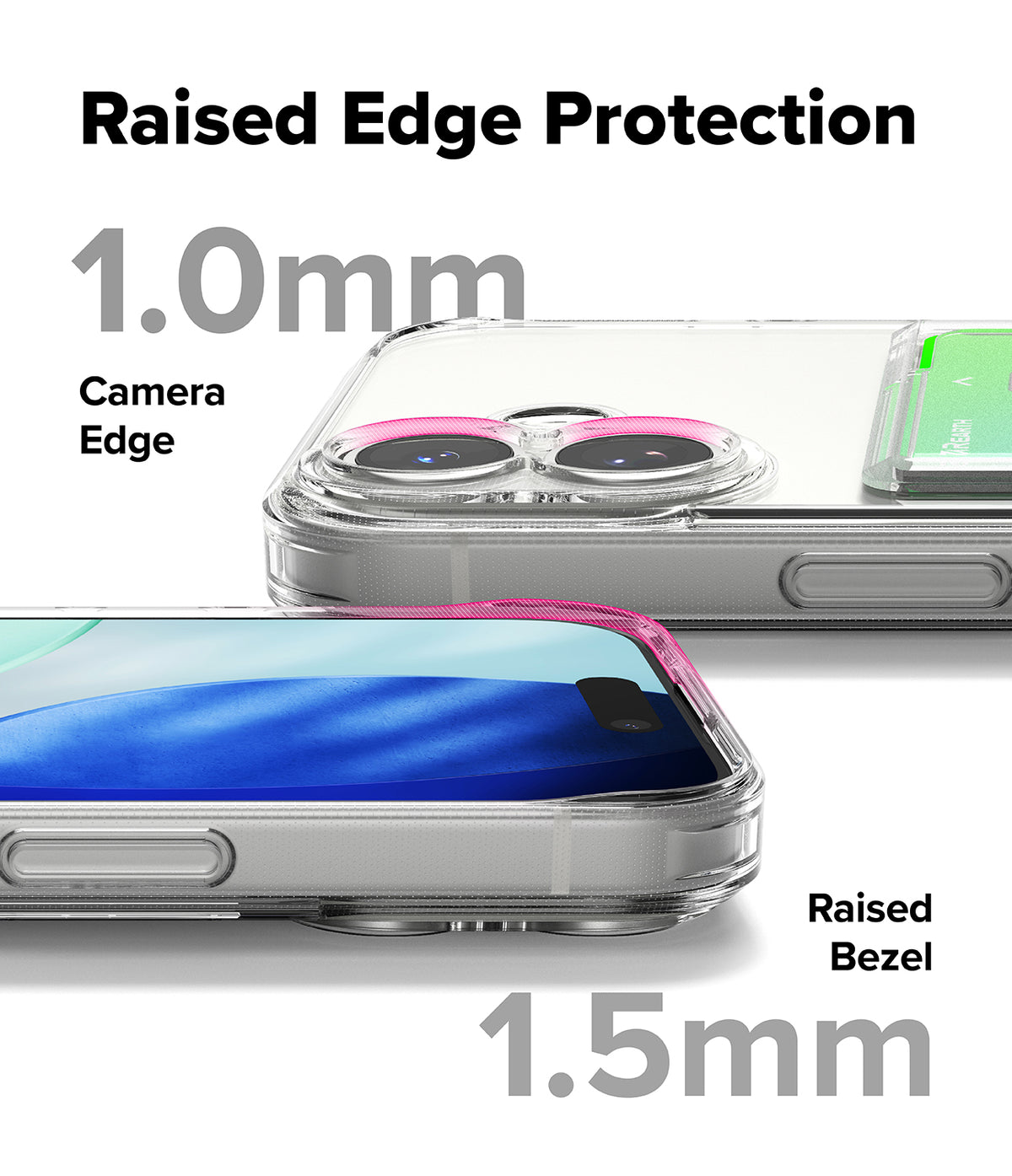 iPhone 17 Case | Fusion Card - Clear phone case highlighting 1.0mm camera and 1.5mm screen raised edge protection.