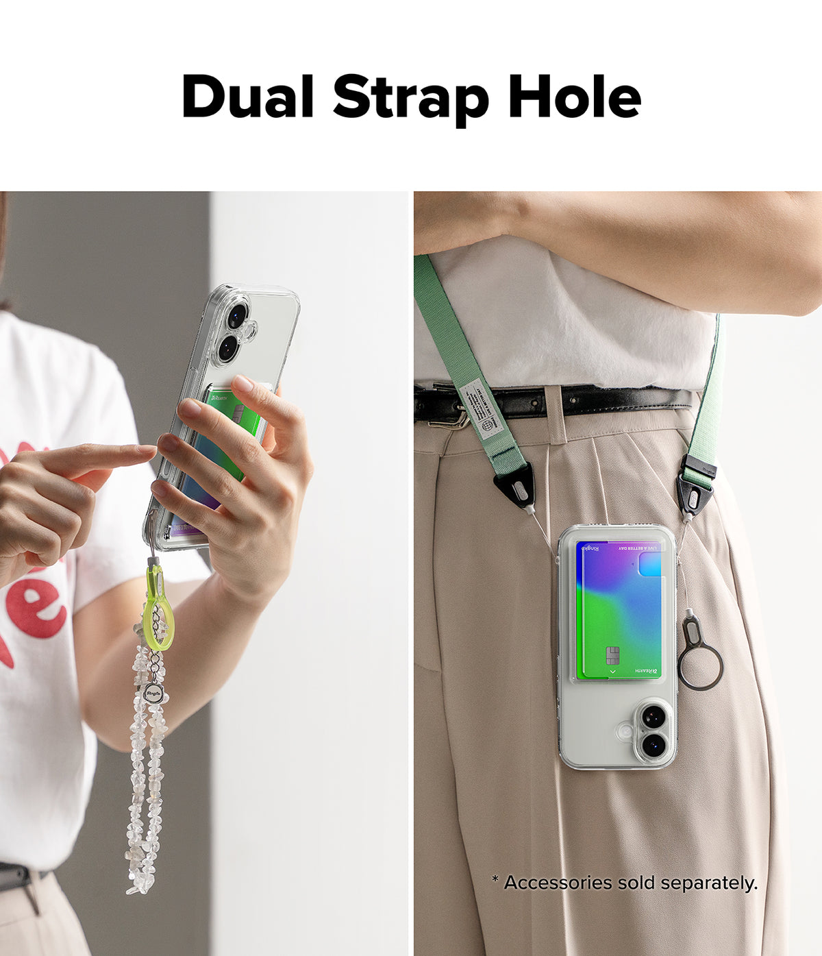 iPhone 17 Case | Fusion Card - Clear phone case with dual strap holes holding a card, shown with wrist and neck straps.