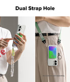 iPhone 17 Case | Fusion Card - Clear phone case with dual strap holes holding a card, shown with wrist and neck straps.