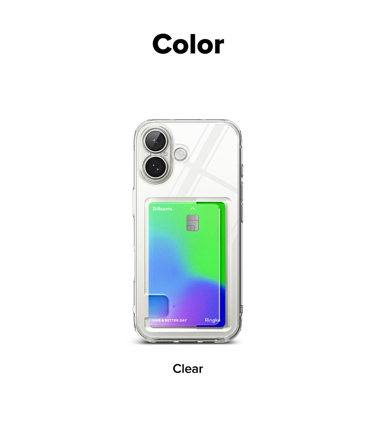 iPhone 17 Case | Fusion Card - Clear phone case holding a vibrant green and blue gradient credit card on a white background.