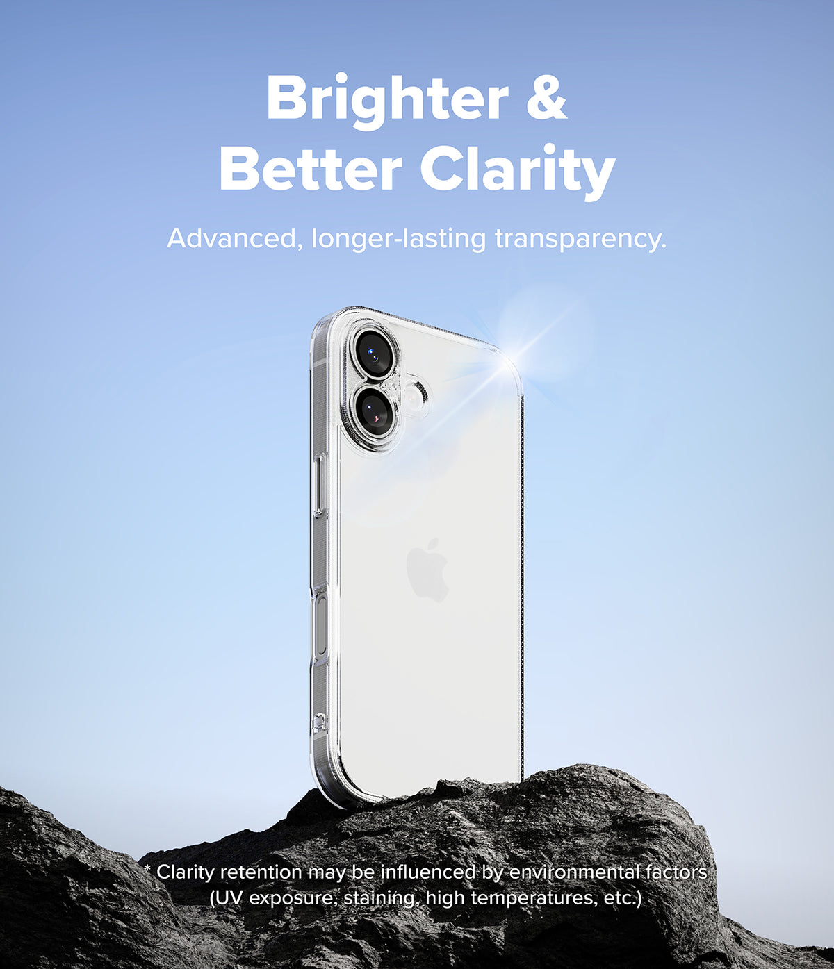 iPhone 17 Case | Fusion - Clear phone case on a rock against a blue sky with text highlighting its long-lasting transparency.