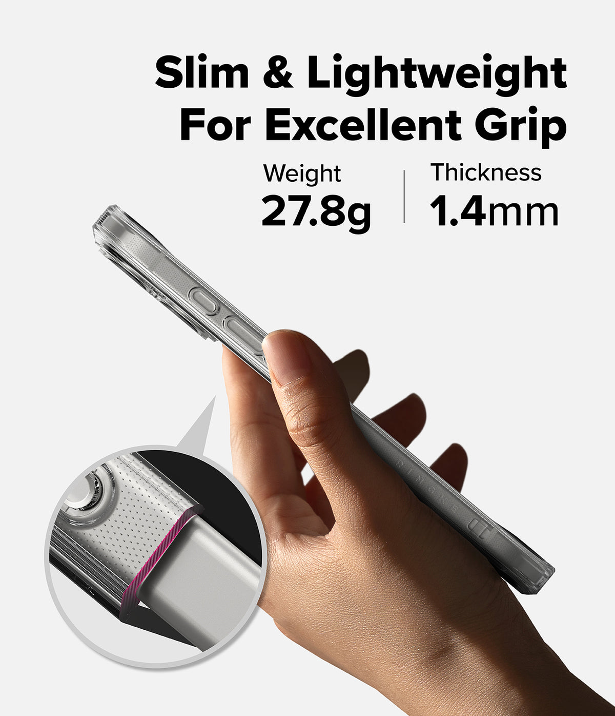 iPhone 17 Case | Fusion - Hand holding a slim clear phone case with text highlighting 27.8g weight and 1.4mm thickness.