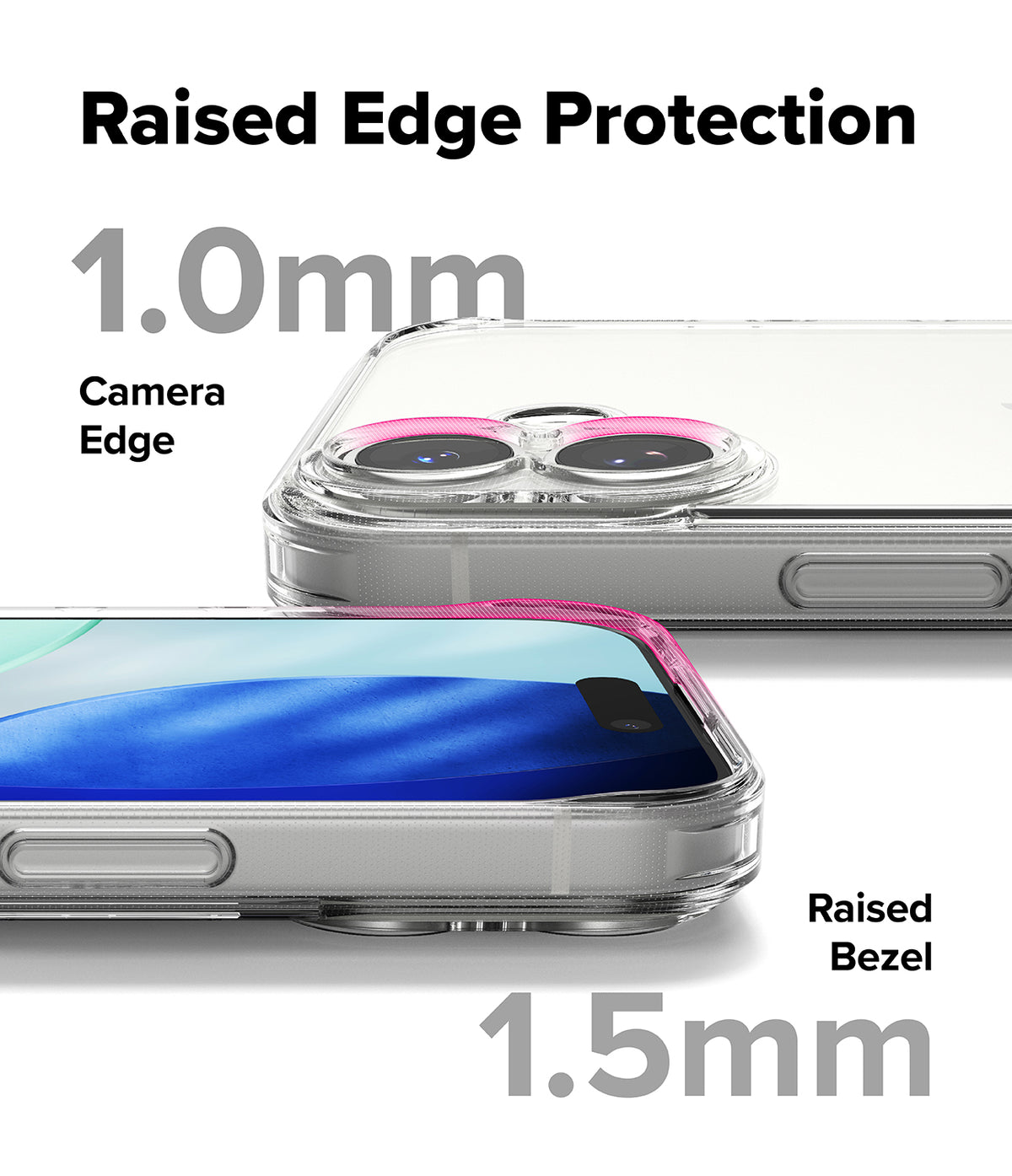 iPhone 17 Case | Fusion - Clear phone case showing 1.0mm raised camera edge and 1.5mm raised screen bezel protection.