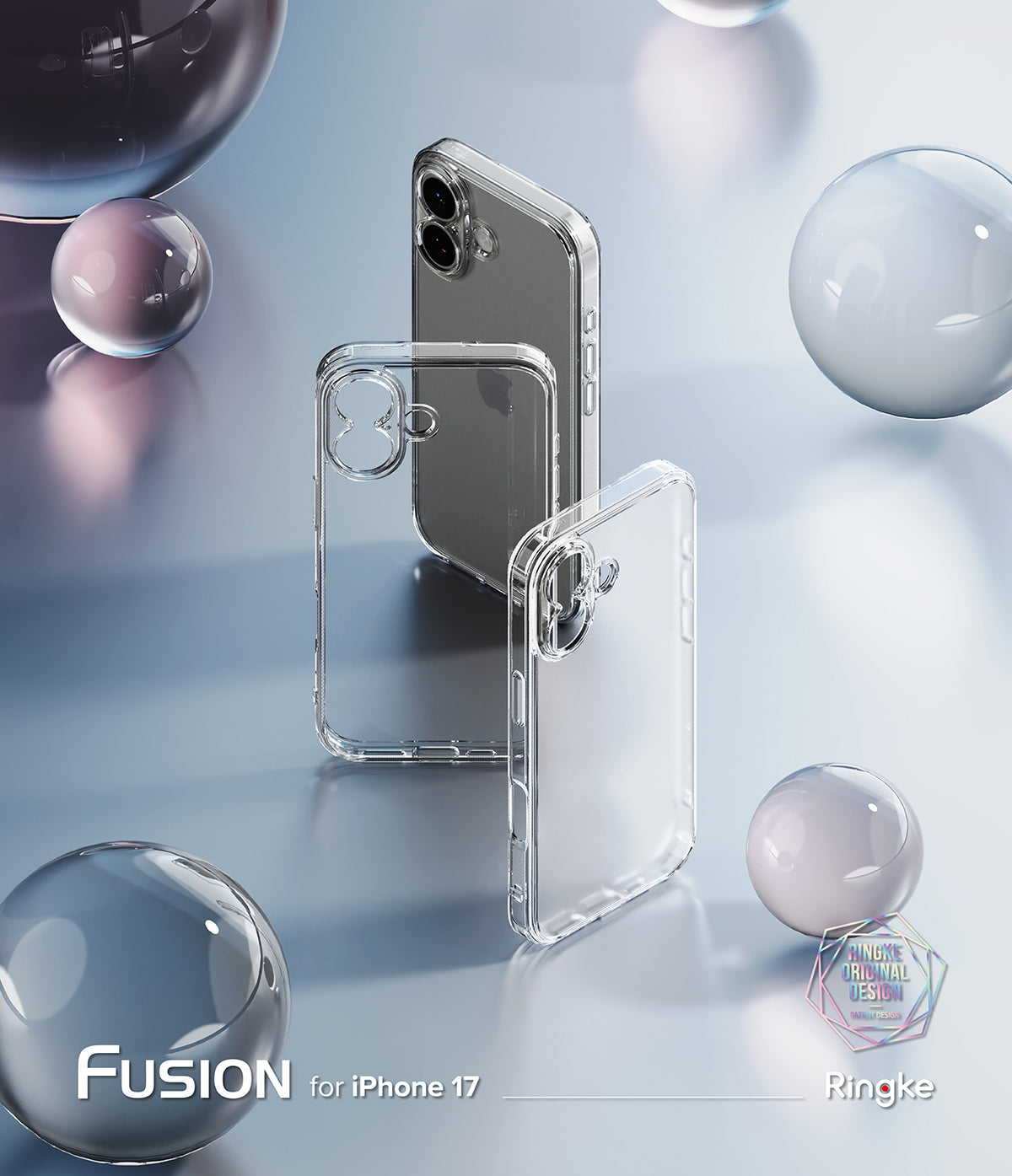 iPhone 17 Case | Fusion Matte - Two clear phone cases arranged vertically amidst floating glass spheres on a blue surface.