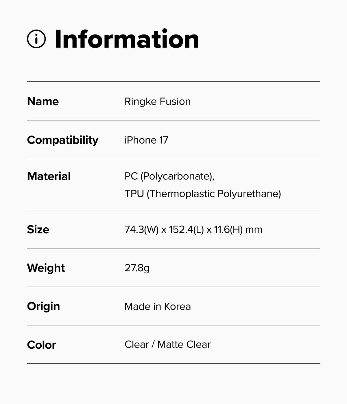 iPhone 17 Case | Fusion Matte - Information table listing specifications for the Ringke Fusion case for iPhone 17.