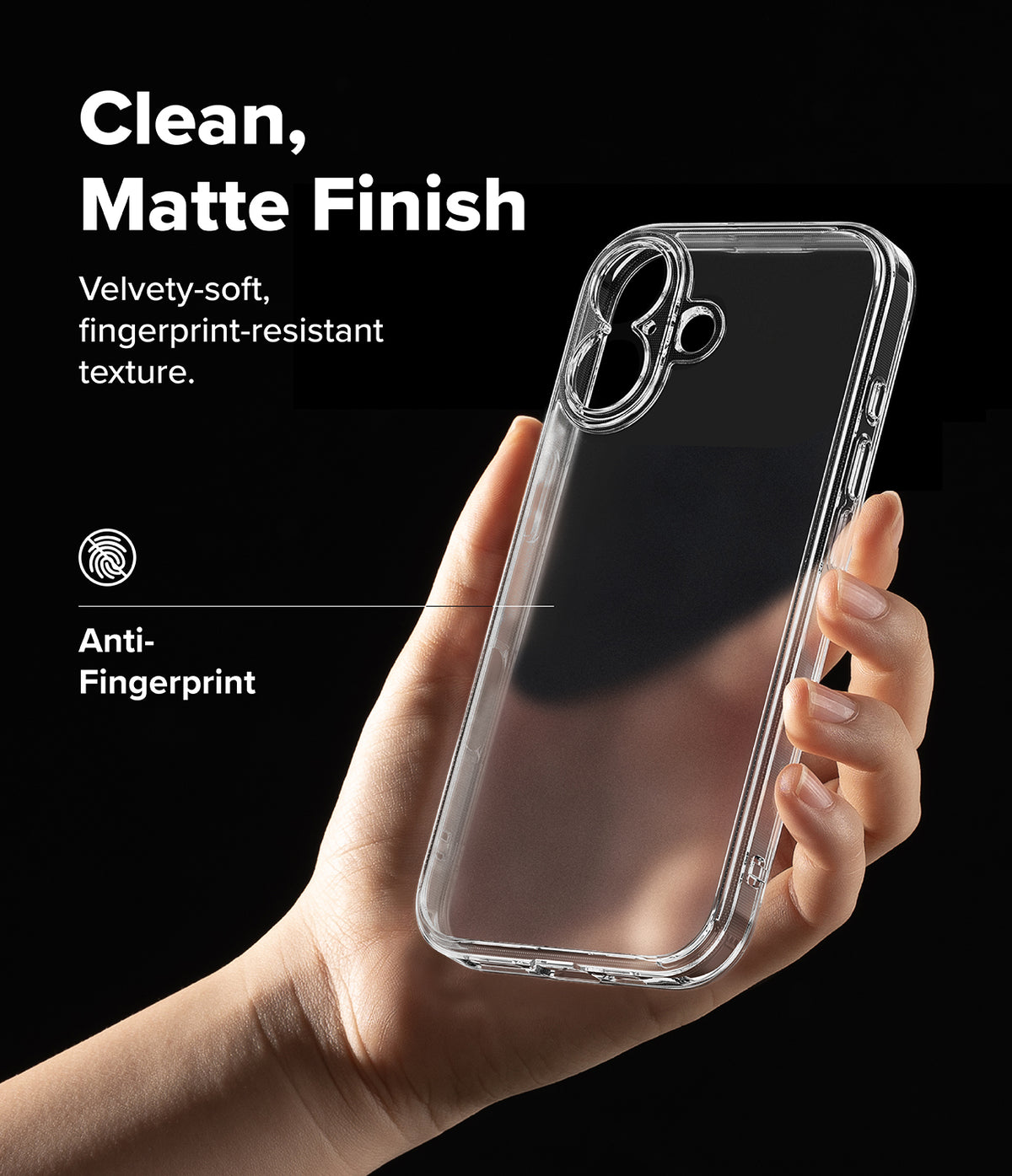 iPhone 17 Case | Fusion Matte - A hand holds a clear, matte-finish iPhone 17 case against a black background with text highlights.
