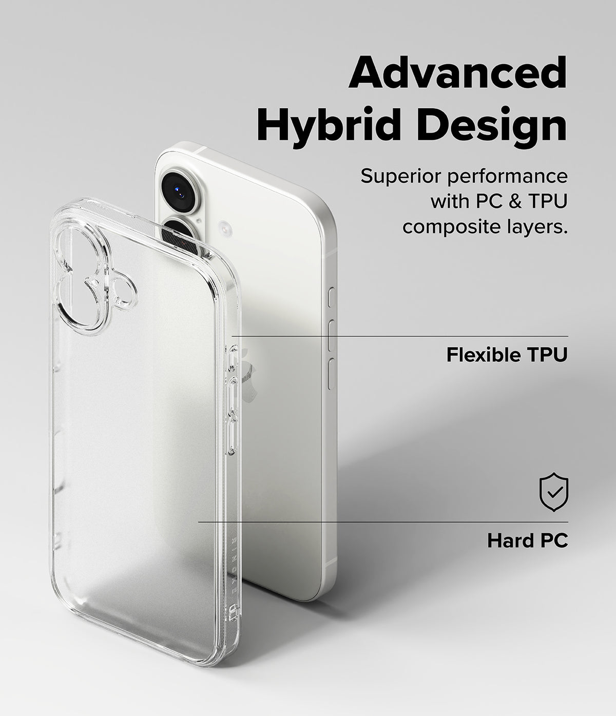 iPhone 17 Case | Fusion Matte - Clear phone case showing flexible TPU edges and a hard PC back panel on an iPhone.