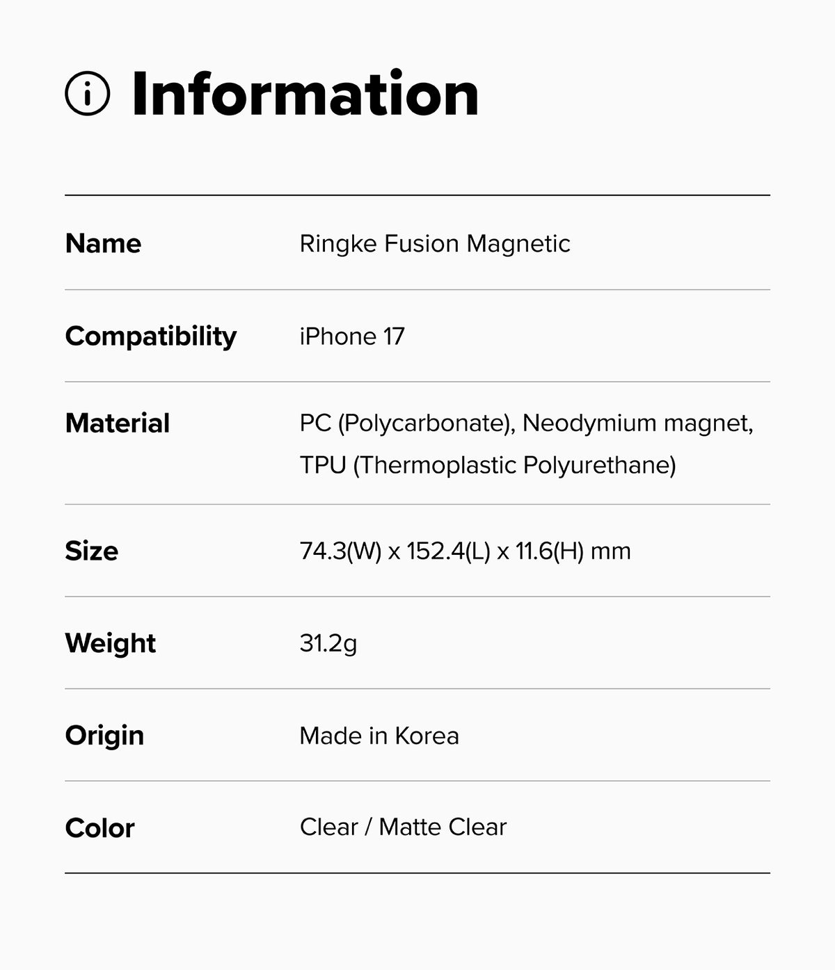 iPhone 17 Case | Fusion Magnetic - Information table listing product name, compatibility, material, size, weight, and origin.