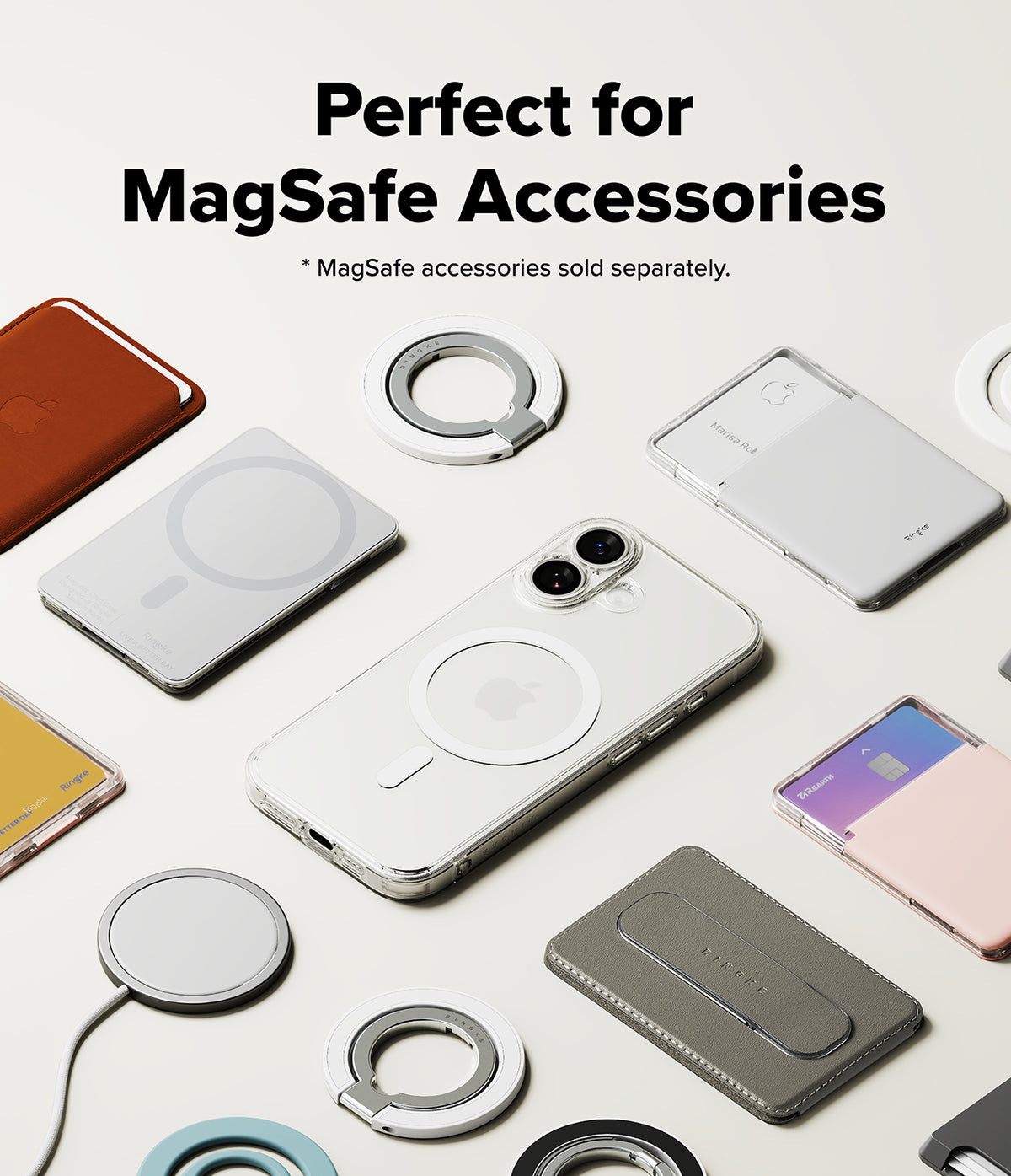 iPhone 17 Case | Fusion Magnetic - Clear iPhone 17 case surrounded by various MagSafe wallets, chargers, and ring holders.