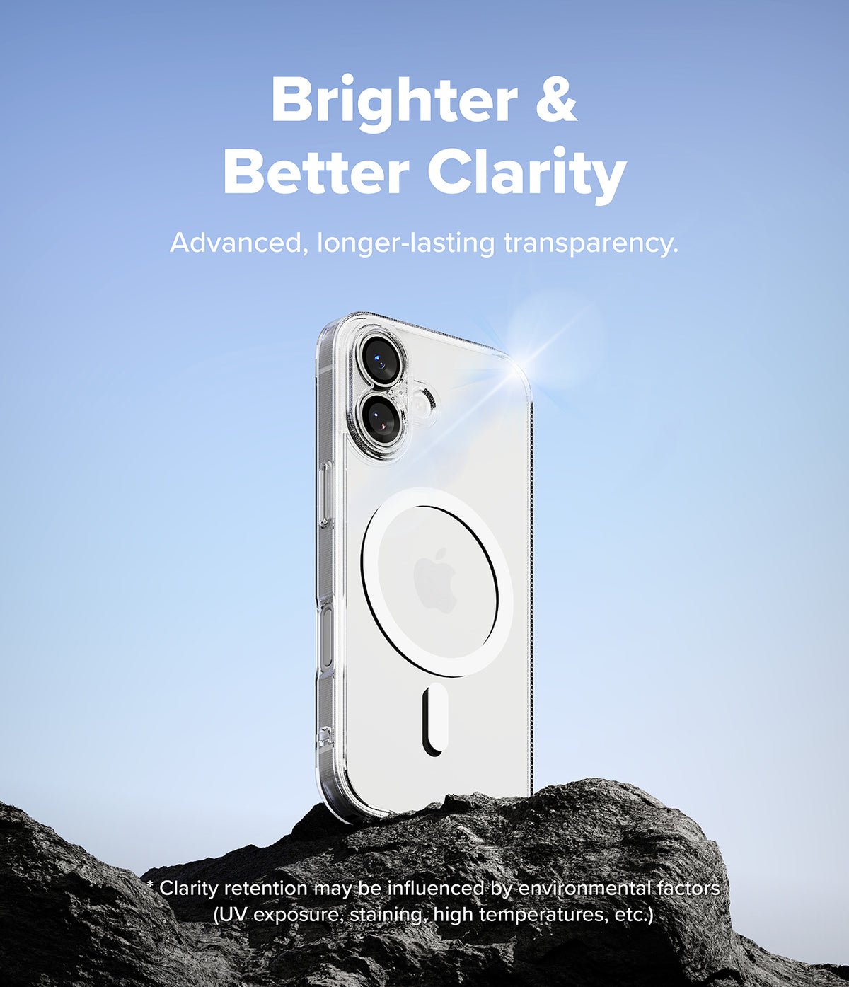 iPhone 17 Case | Fusion Magnetic - Clear magnetic phone case on a rock against a blue sky with text about clarity.