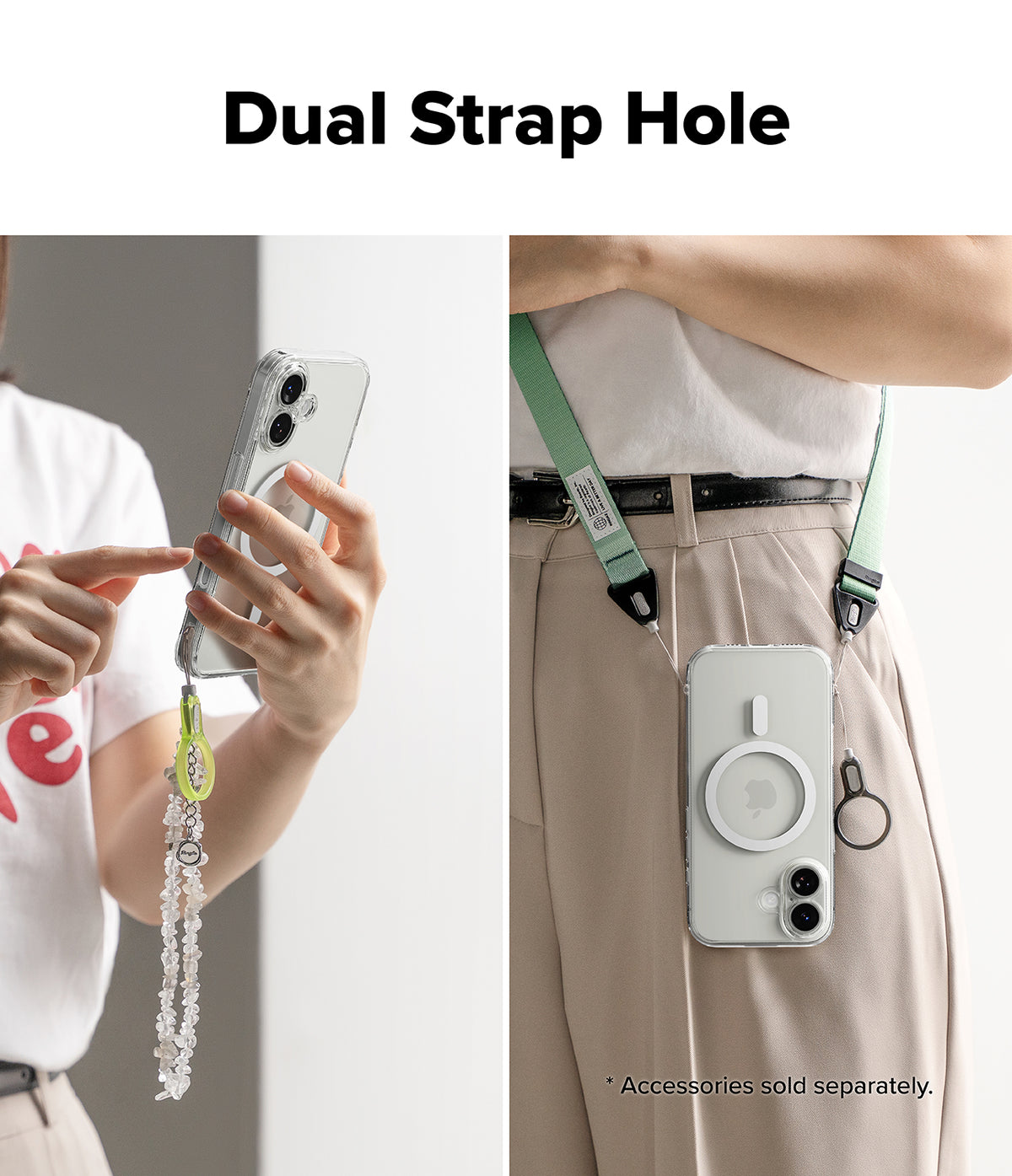[Bundle] iPhone 17 | Fusion Magnetic - Clear phone case with dual strap holes, shown held in hand and worn as a crossbody.