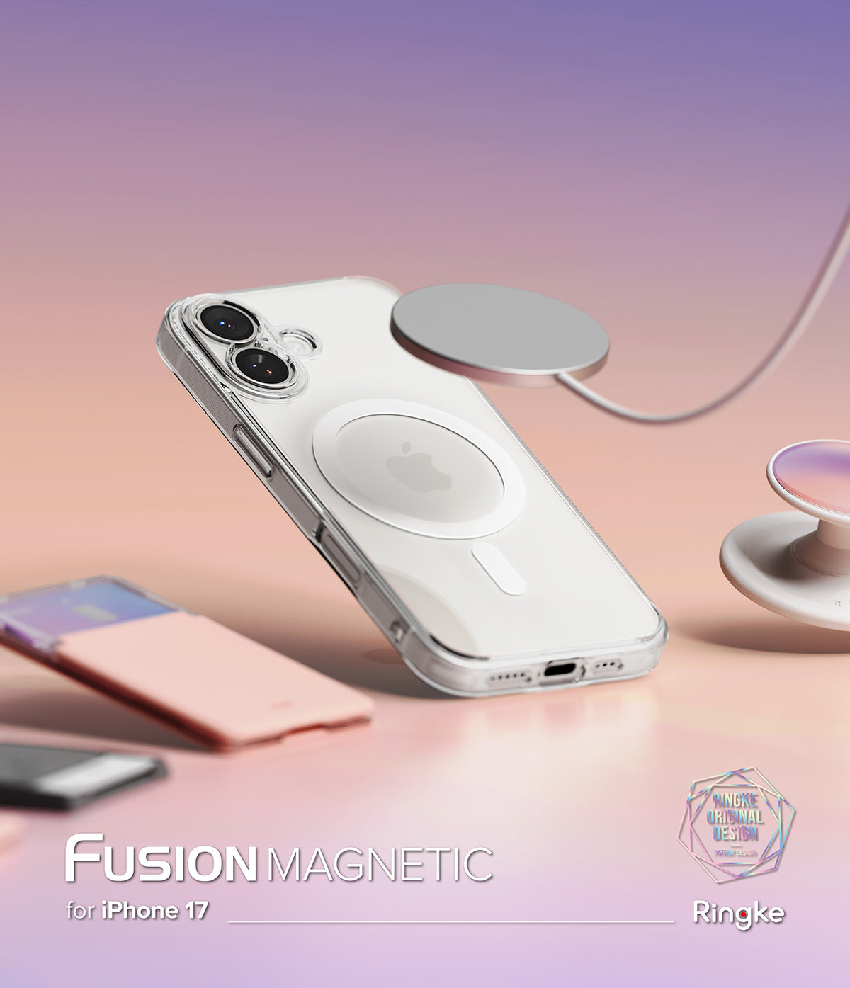 [Bundle] iPhone 17 | Fusion Magnetic - iPhone 17 | Fusion Magnetic - Clear iPhone 17 case with magnetic ring, floating charger, and accessories on a gradient background.
