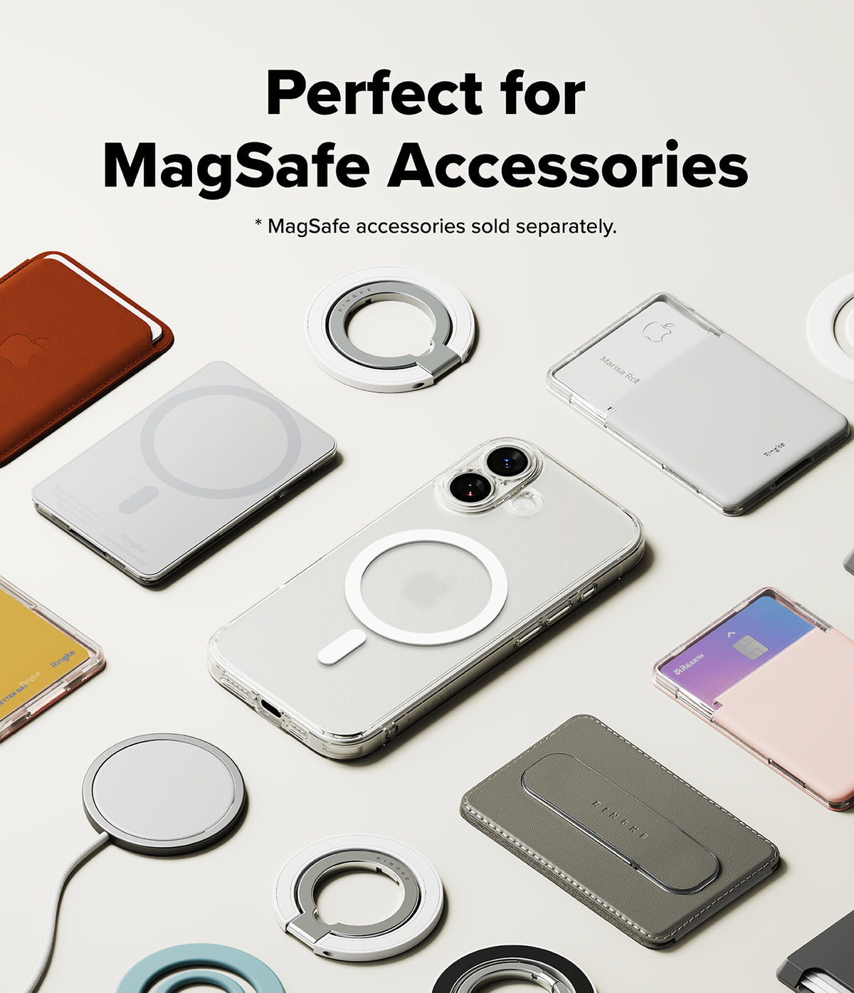 iPhone 17 Case | Fusion Magnetic Matte - Matte clear iPhone case surrounded by various MagSafe wallets, rings, and chargers.