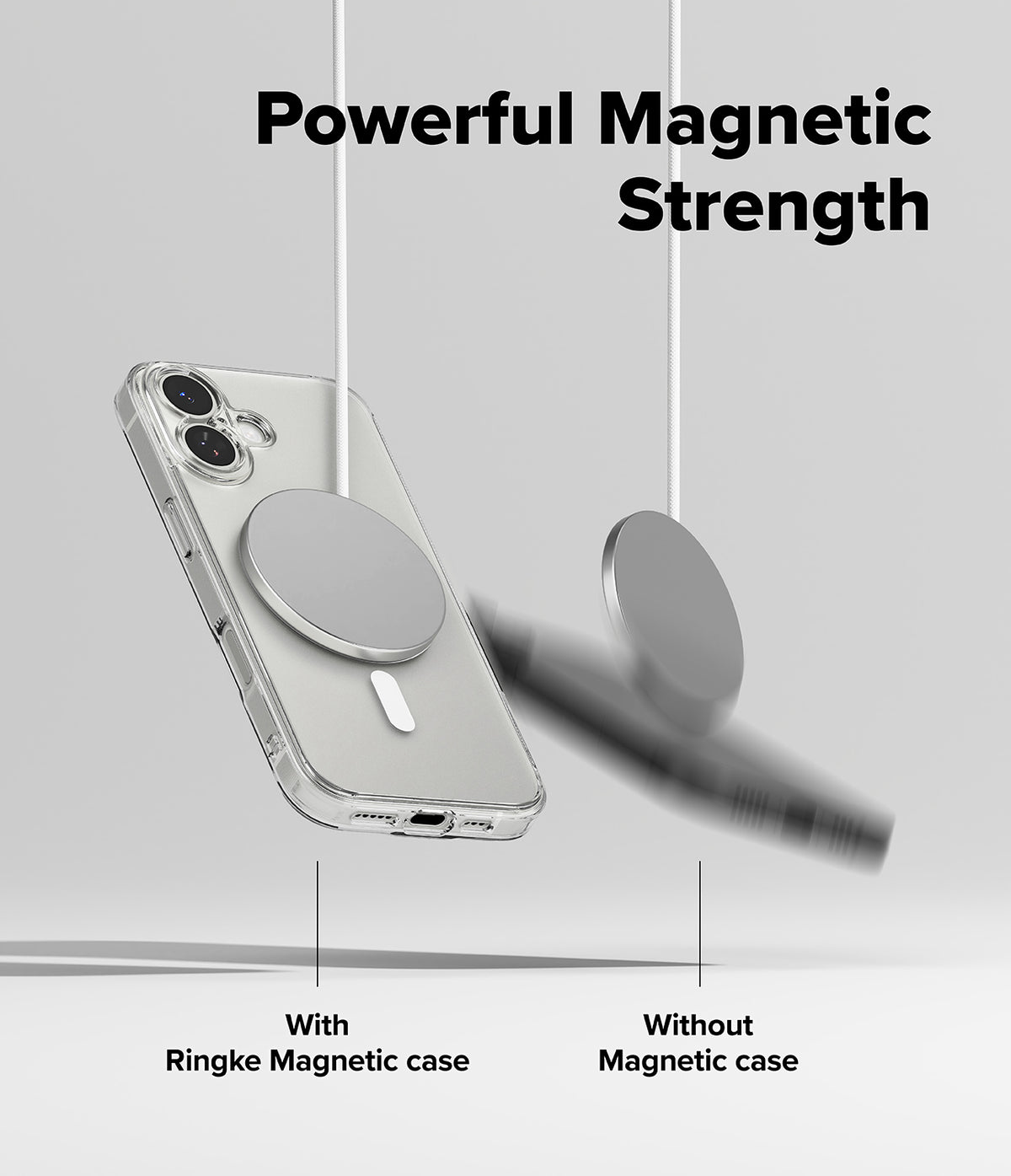 [Bundle] iPhone 17 | Fusion Magnetic - iPhone 17 in a clear magnetic case attached to a charger, while a phone without the case falls away.