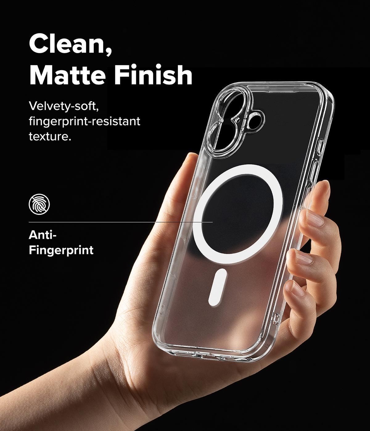 [Bundle] iPhone 17 | Fusion Magnetic - Hand holding a clear, matte iPhone 17 case with a white magnetic ring on a black background.